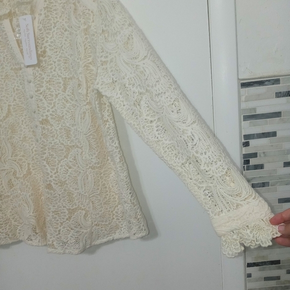 Soft Surroundings Lasalle Lace Floral Long Sleeve Sheer Ruffle Neck Cami Blouse - Picture 4 of 12